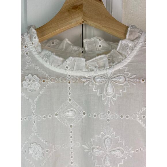 Cherry Paris Women's Size M White Floral Eyelet Ruffle Neck Cotton Blouse - Picture 2 of 8